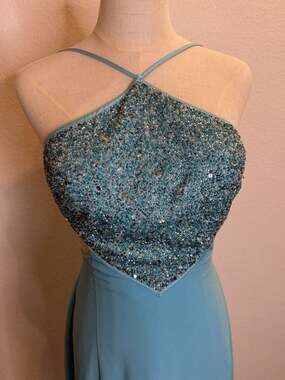 Graduation Dress Caché Vintage Beaded Halter Open Back Gown Light Blue